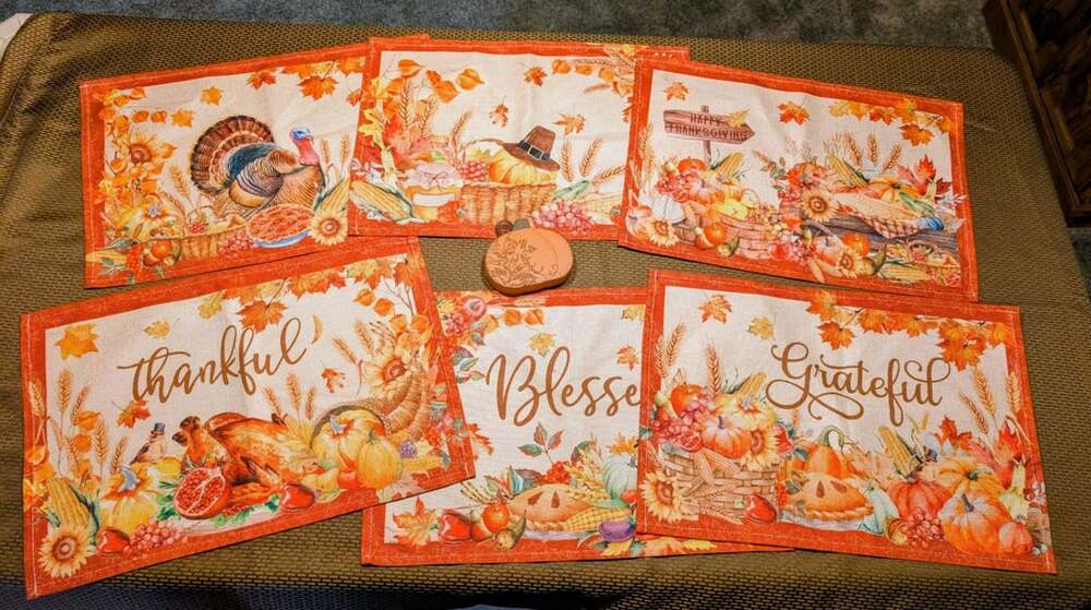 Set of 6 Grateful Thankful Blessed Fall Autumn Pumpkin Turkey Placemats